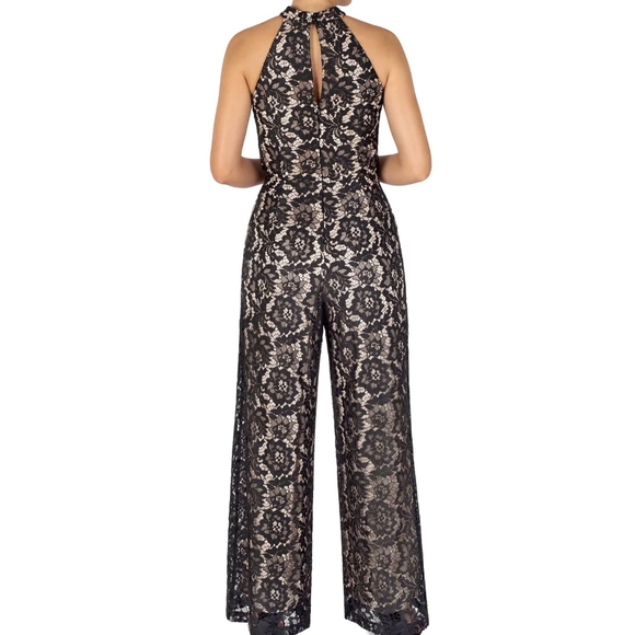 Julia Jordan Black Nude Lace Twist-Neck Wide Legs Sleeveless Jumpsuit - Picture 3 of 9